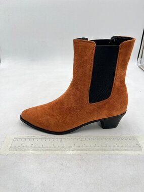 Brown Fashion Round Toe Block Low Heel Stretchy Ankle Boots Pull On Casual Boots